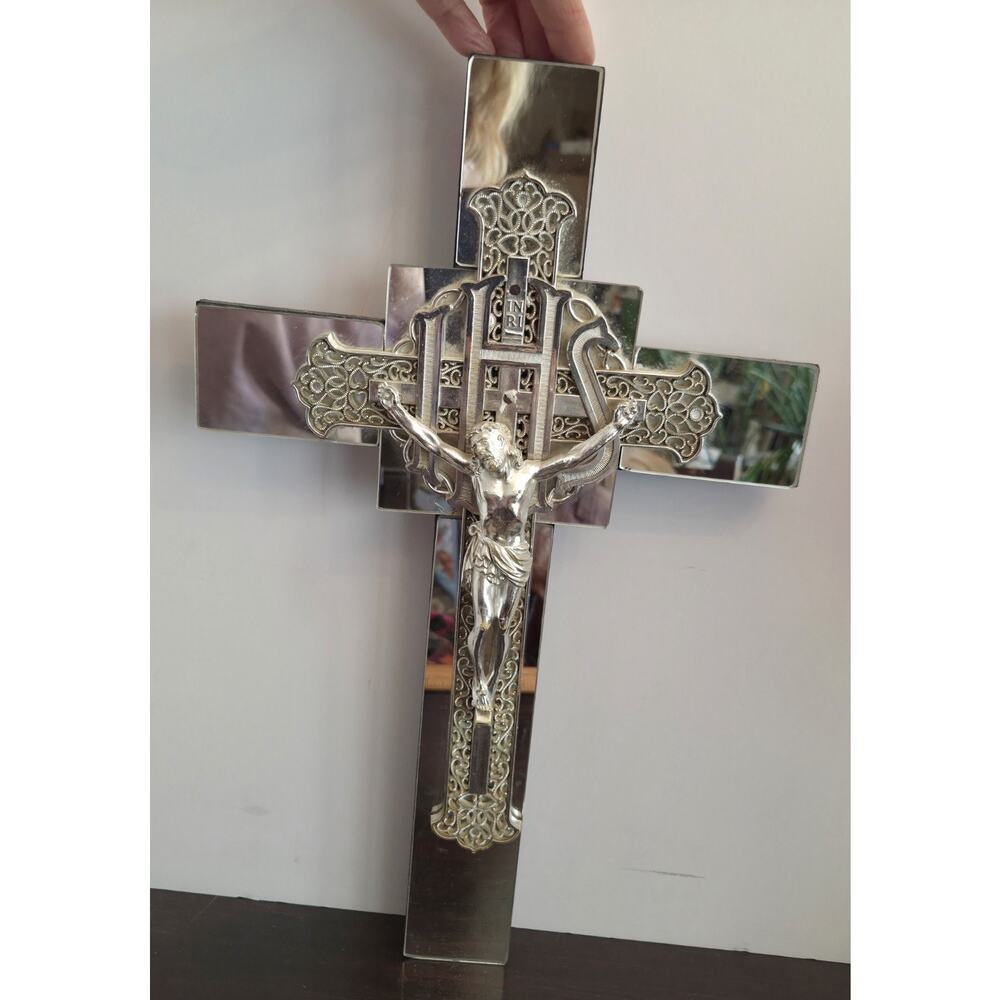IHS Monogram Filigree Plastic Crucifix Mounted On Beveled Mirror Backing 16.5 In